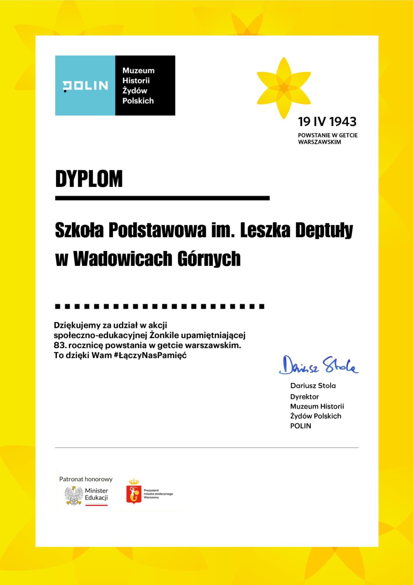 Otrzymaliśmy dyplom za udział w akcji Żonkile - Obrazek 1