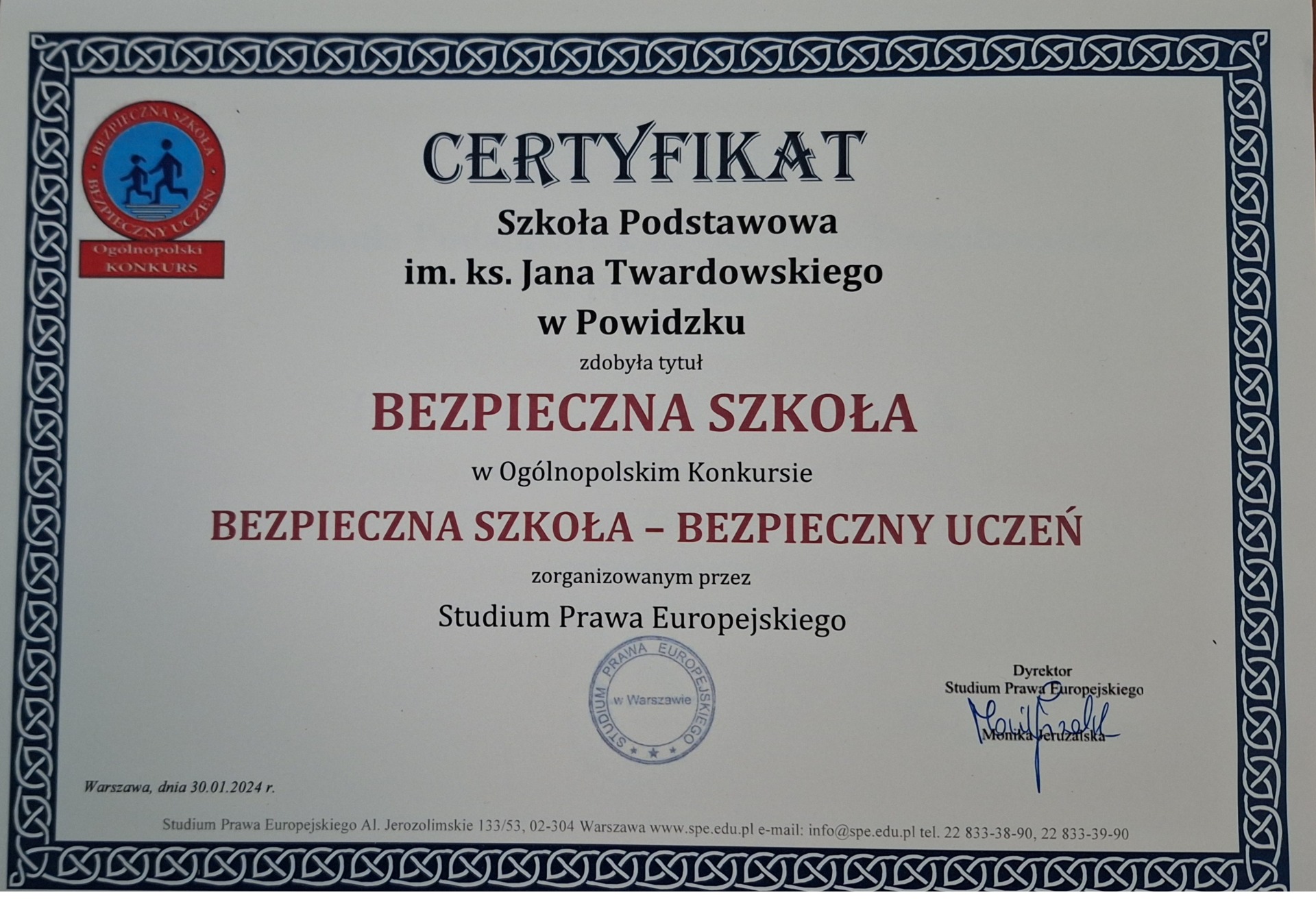 Certyfikat "BEZPIECZNA SZKOŁA" - Obrazek 2