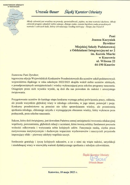 List gratulacyjny dla pani dyrektor Joanny Kucyniak.