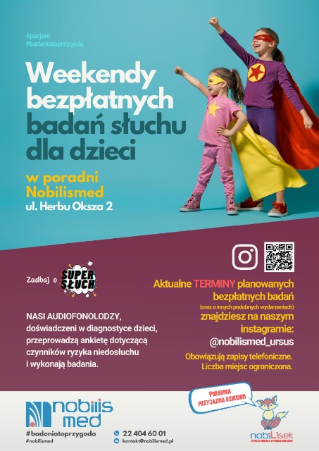 Plakat promujący akcję "Weekendowych bezpłatnych badań słuchu dla dzieci"