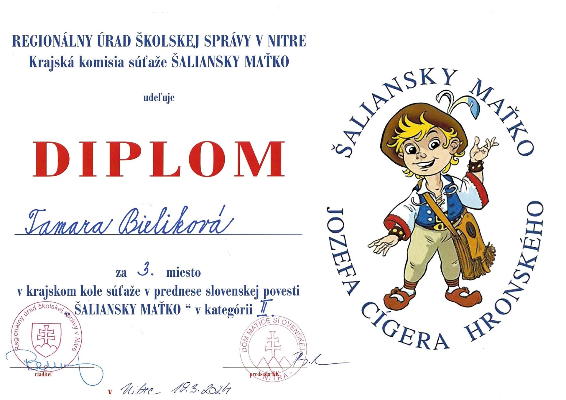 3. miesto v krajskom kole súťaže v prednese slovenskej povesti Šaliansky Maťko - Obrázok 1