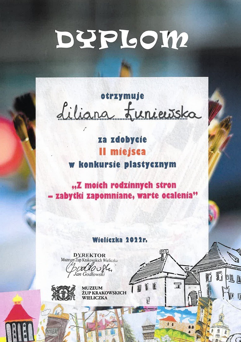 Barwna grafika Dyplomu, który otrzymała Liliana Łuniewska za zdobycie II miejsca w konkursie plastycznym "Z moich rodzinnych stron-zabytki zapomniane, warte ocalenia" Wieliczka 2022