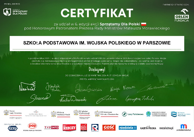 Sprzątamy Dla Polski - certyfikat dla szkoły - Obrazek 1