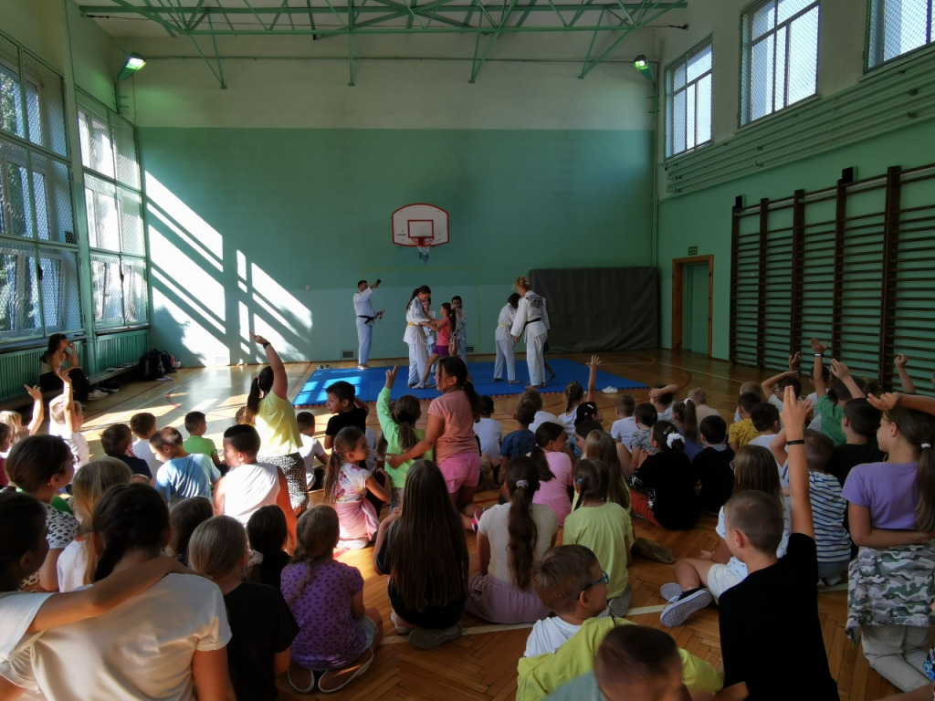 Pokaz judo w wykonaniu zawodników klubu sportowego „Wojownik”. 