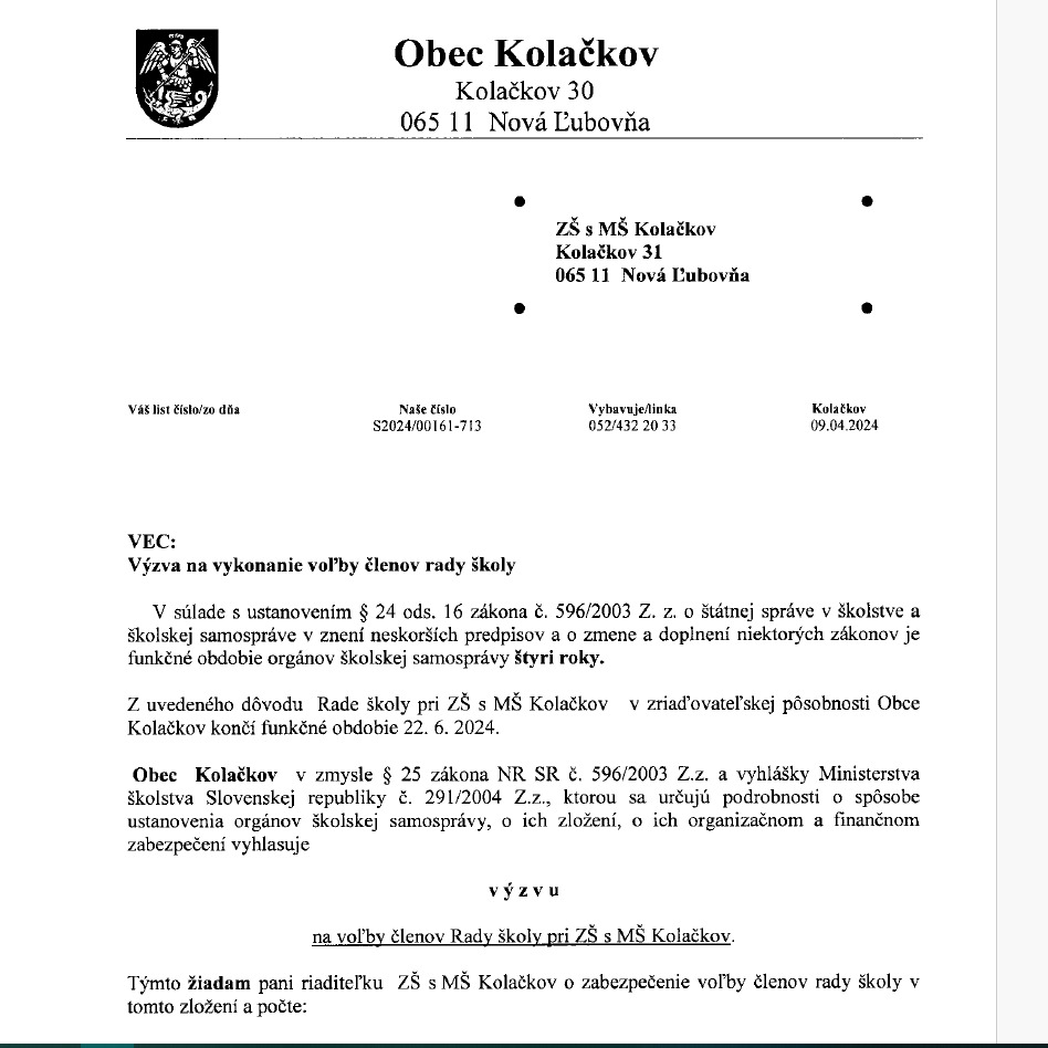 Voľby do Rady školy pri ZŠ s MŠ Kolačkov - Obrázok 1
