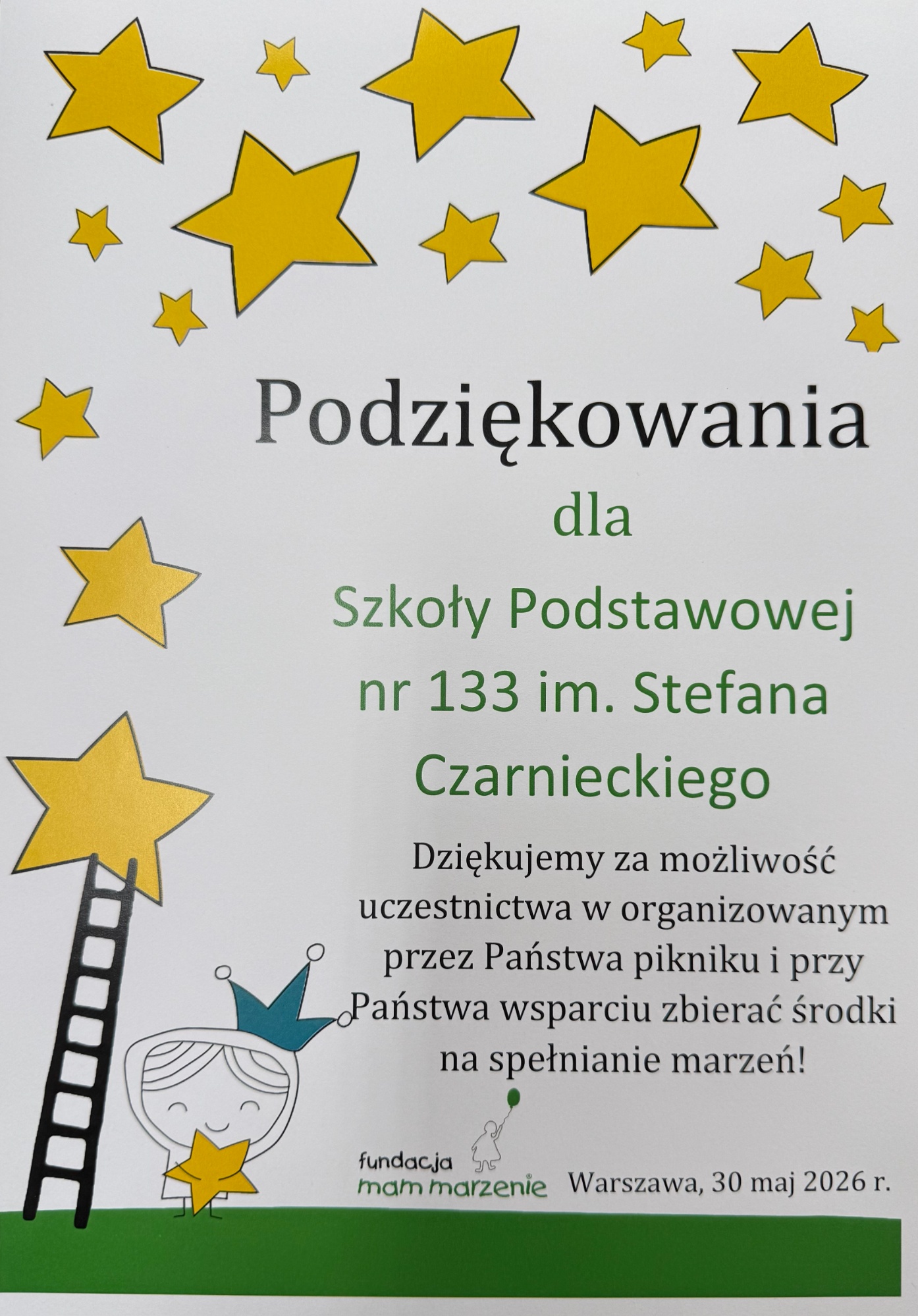 Podziękowania dla społeczności szkolnej SP 133 im. Stefana Czarnieckiego za empatię i otwarte serce. Integracja społeczności lokalnej podczas stacji Ścieżka Zdrowia.