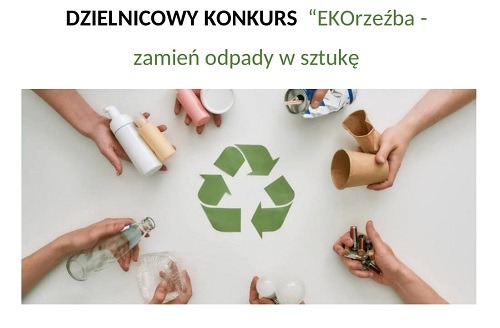 W centrum zielony znak symbolizujący recykling. Ze wszystkich stron skierowane do niego dłonie, a w nich śmieci mogące być powtórnie użyte.