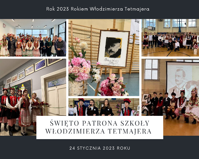 Migawki zdjęć ze Święta Patrona Szkoły - zdjęcie Włodzimierza Tetmajera, dzieci ubrane w krakowskie stroje.