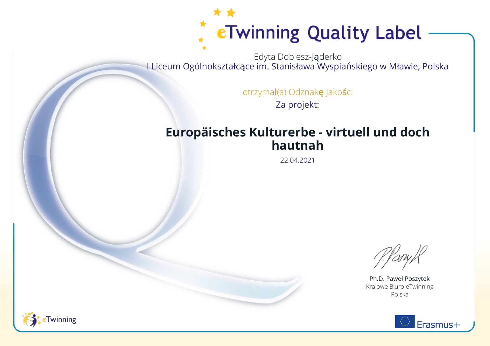 Krajowa Odznaka Jakości dla projektu eTwinning „Europäisches Kulturerbe – virtuell und doch hautnah” - Obrazek 1