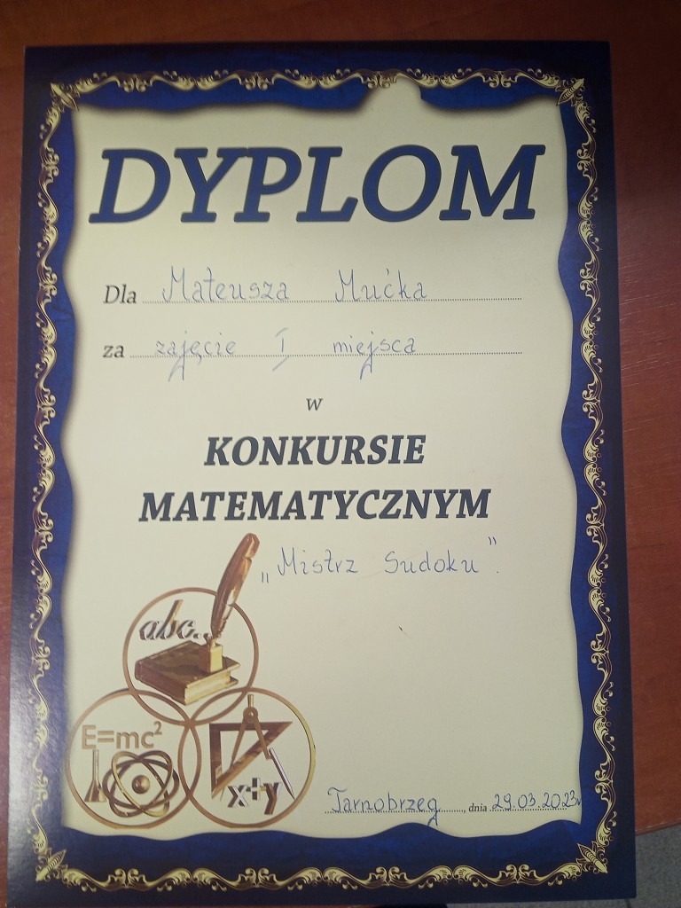 Dyplom za I miejsce w konkursie matematycznym "Mistrz Sudoku".