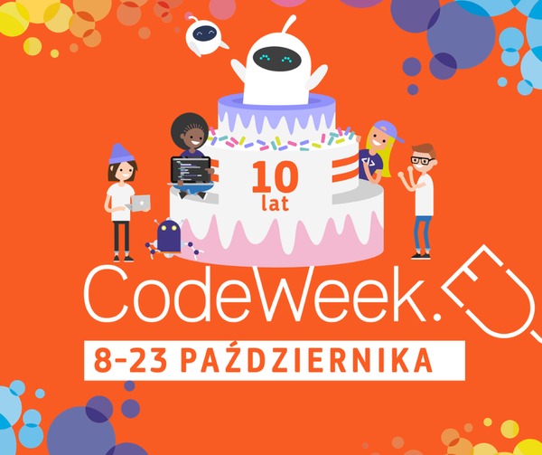 Plakat CodeWeek. Kolorowy tort z napisem 10 lat i robotem na górze znajduje się w centrum. Wokół tortu znajdują się dzieci.