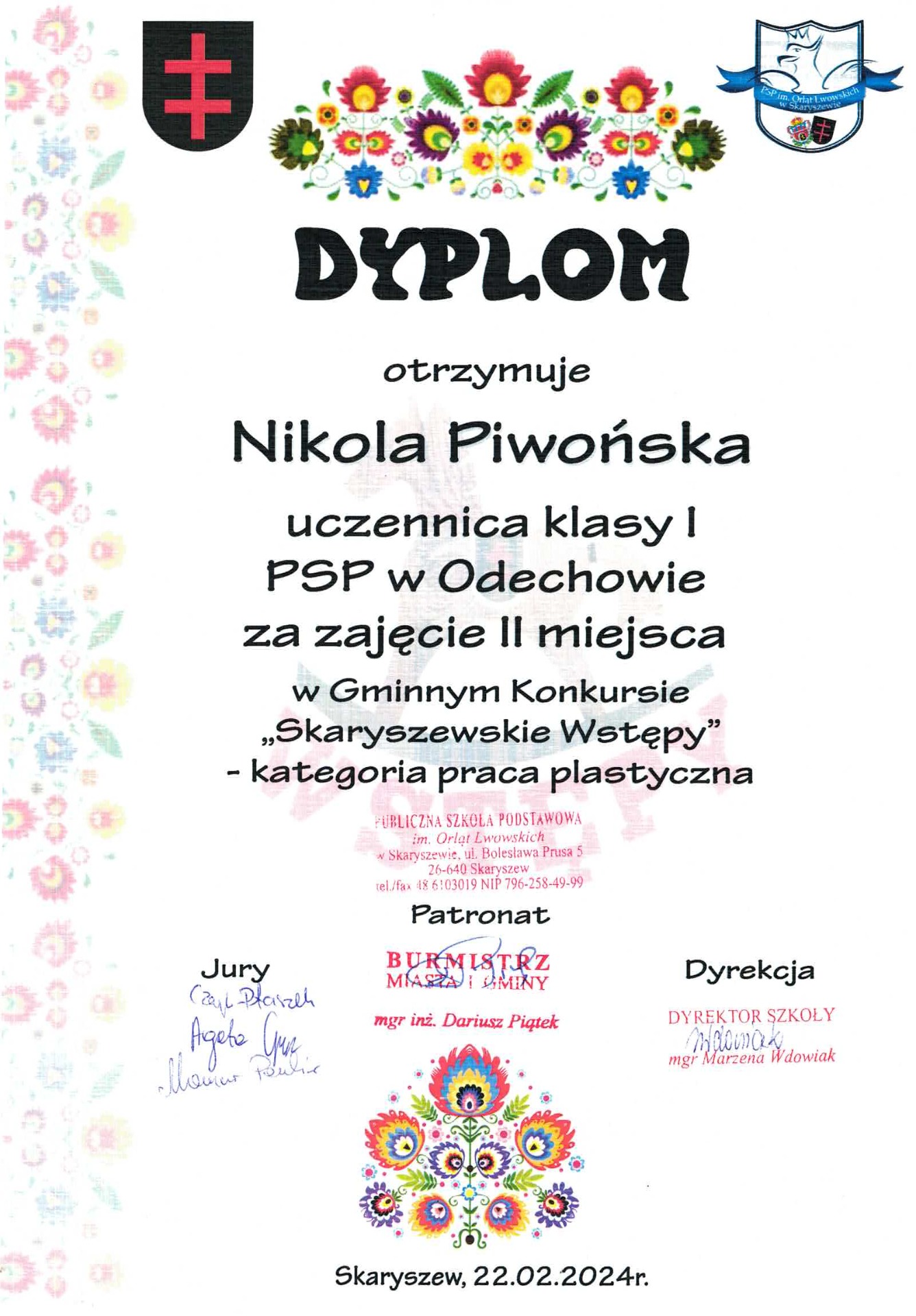 Grafika przedstawia kopię dyplomu dla uczennicy klasy pierwszej za zajęcie drugiego miejsca w Gminnym Konkursie - "Skaryszewskie Wstępy".