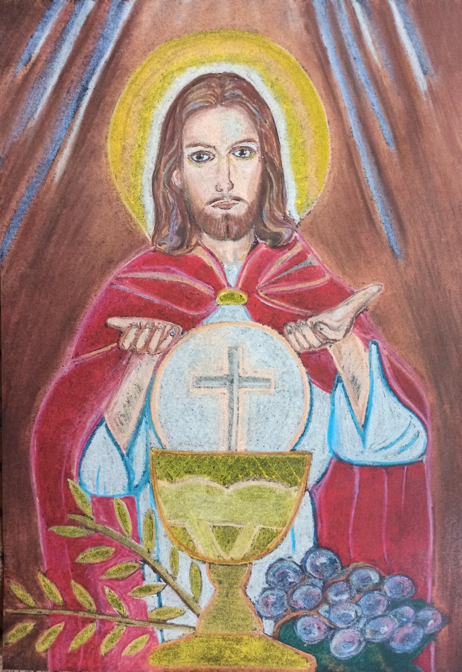 Praca plastyczna przedstawiająca Jezusa, kielich, Hostię, winogrona 
