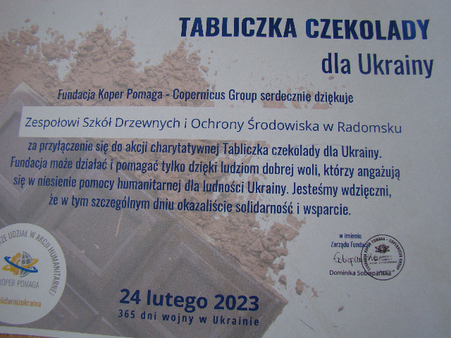 Podziękowanie za udział w akcji "Tabliczka czekolady dla Ukrainy - Obrazek 1