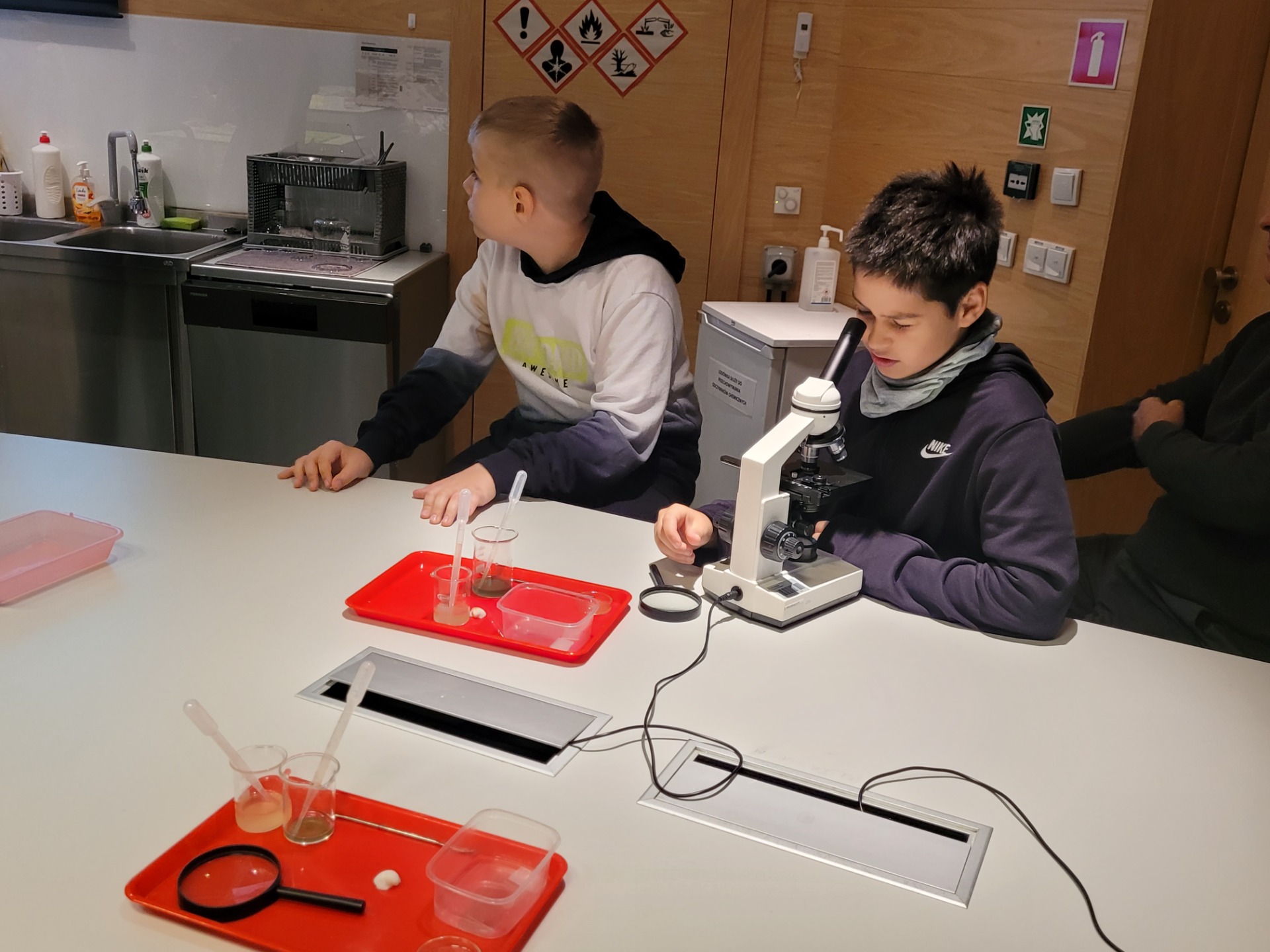 Uczniowie biorą udział w eksperymentach z mikroskopami.  