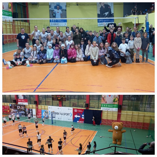 uczniowie z Lindowa kibicują żeńskiej drużynie siatkówki EWDAR KS Silesia Częstochowa podczas zwycięskiego meczu 