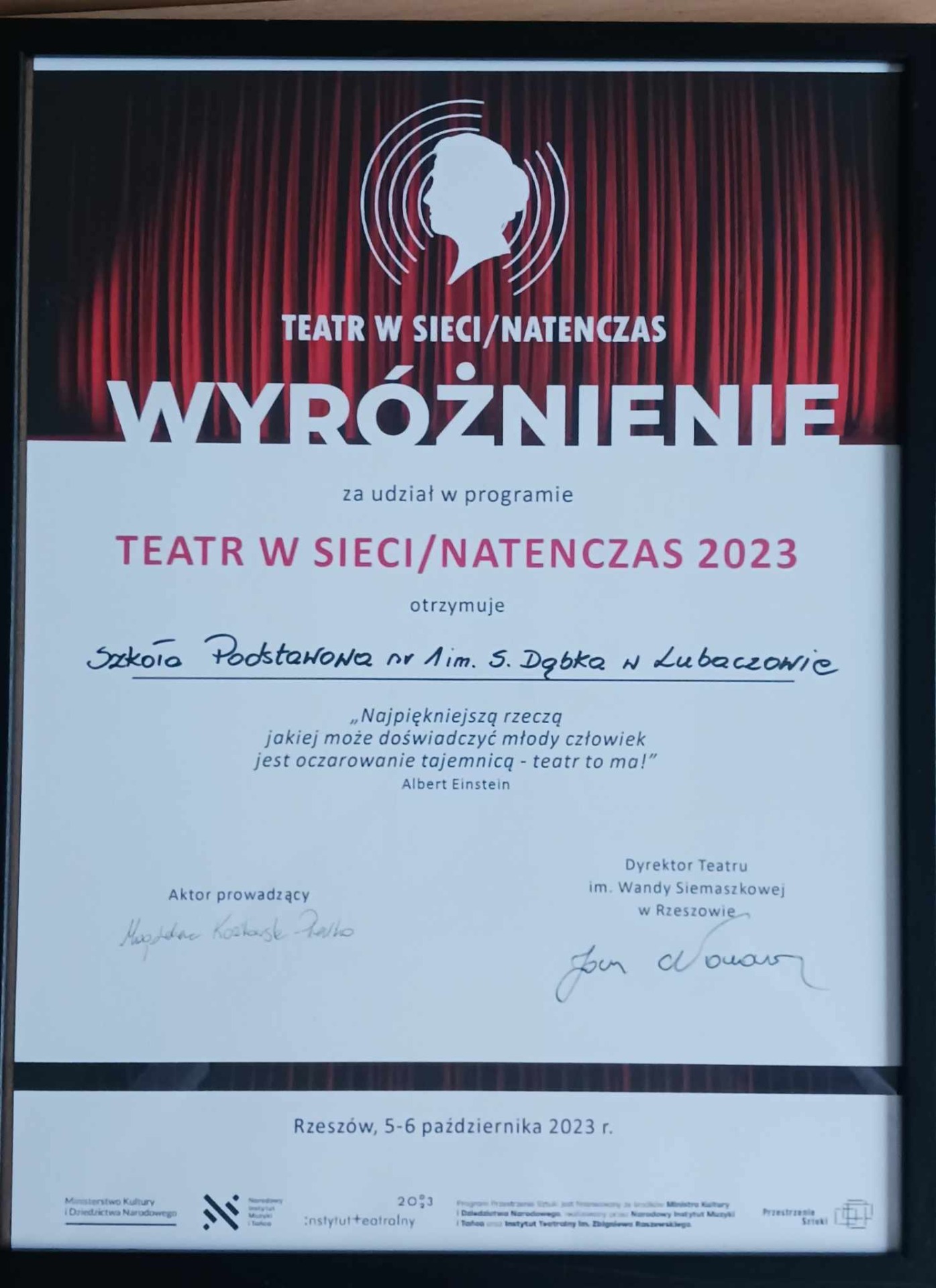 Wyróżnienie naszych uczniów w projekcie ,,Teatr w sieci. NATENCZAS" -Rzeszów, 5.10.2023 r. - Obrazek 1