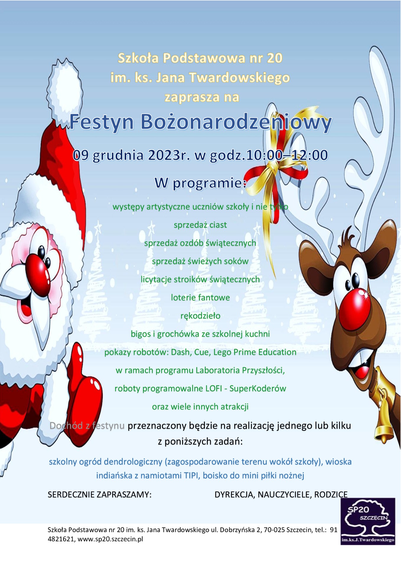 Plakat Zaproszenie na Festyn Bożonarodzeniowy do Szkoły podstawowej nr 20 w Szczecinie