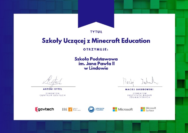 certyfikat "Szkoła Ucząca z Minecraft Education"