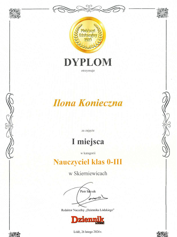 Dyplom - Nauczyciel Roku 2023 kl. I-III w mieście Skierniewice